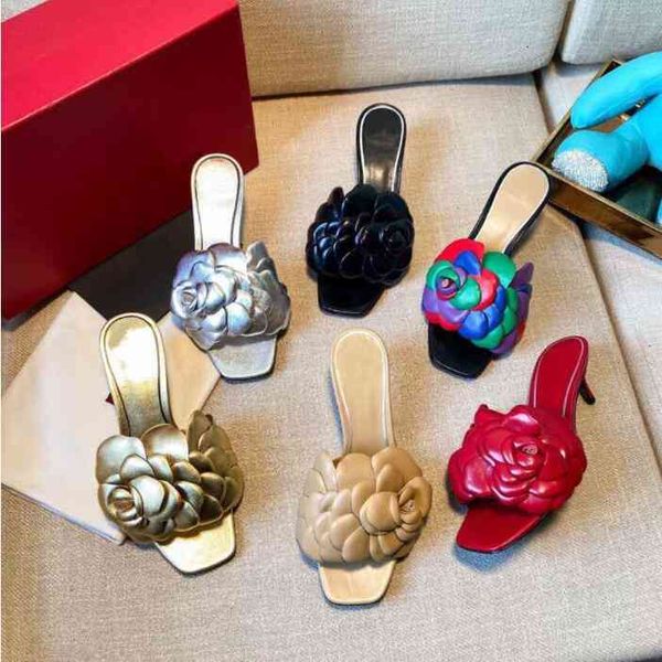 

heels luxury designer women sandal edition flat slide leather petals rose hight sandals ladies summer slippers good quality with box, Black