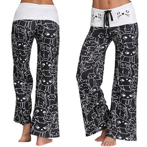 

yoga outfits ly women mid waist cat print wide leg long pants elastic drawstring leggings s66, White;red