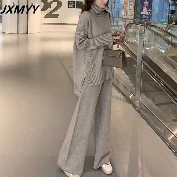 

jxmyy sweater set women tracksuit spring autumn knitted suits 2 piece warm turtleneck pullovers wide legs pants 211106, White