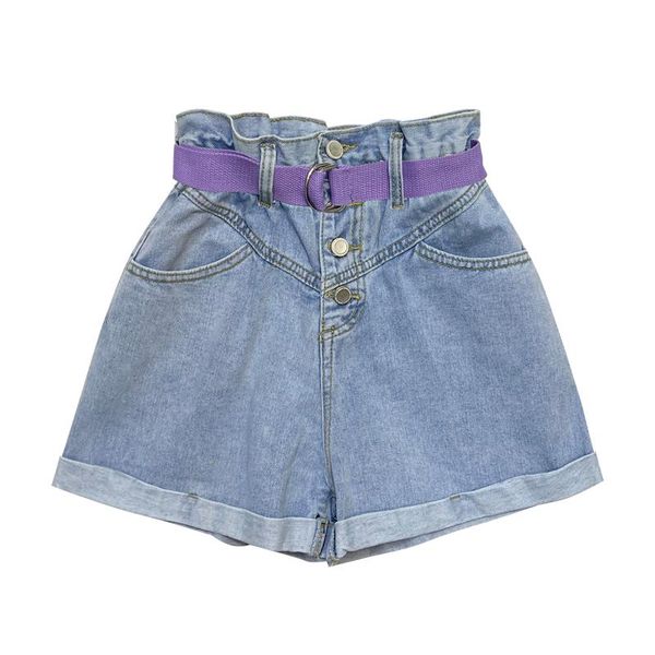 

women's jeans denim shorts for women 2021 summer vintage wash loose high waist wide leg crimping pants + belt, Blue