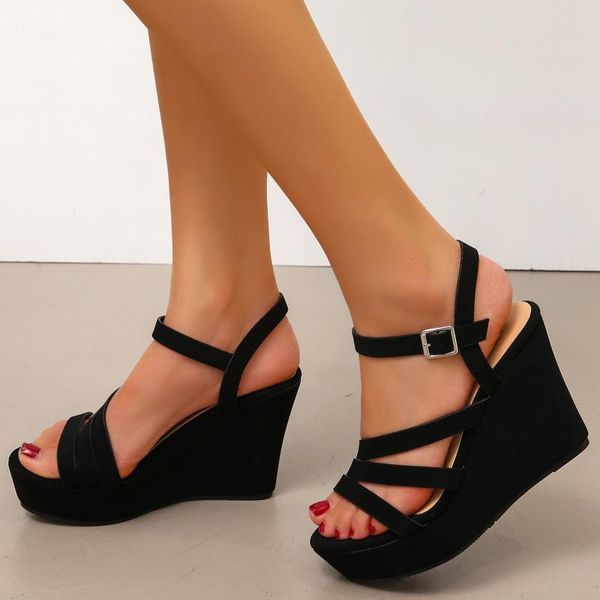 

slippers summer sandals women wedges heels platform shoes ladies candy color casual girls slip on strap cross plus size 2021, Black