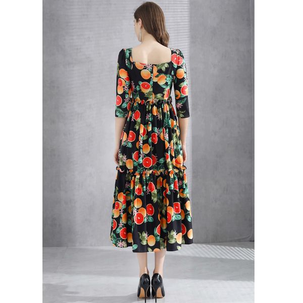 

dress seqinyy style grapefruit flowers frilly print 2021 spring summer female fashion design half manga the midi line, Black;gray