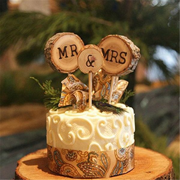 3 PCs/set Bolo de casamento Ferramenta de decoração de madeira Sra. Mrs Bolo Topper Decoração de festa de casamento Acessórios para decoração caseira