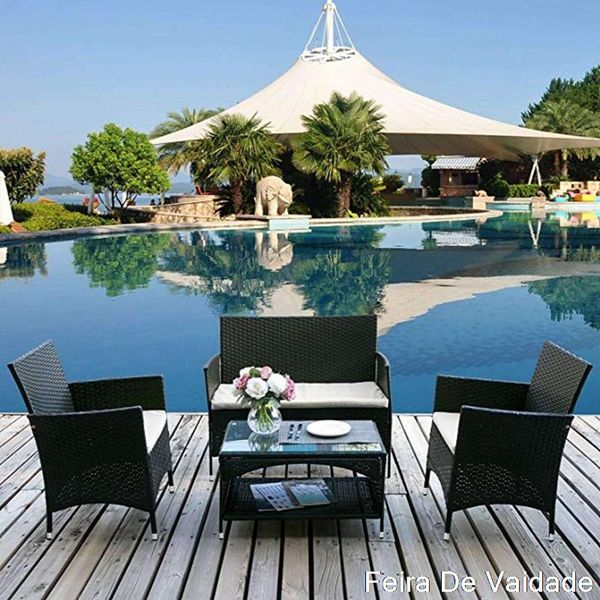 

camp furniture 4 pcs patio outdoor garden conversation wicker sofa set, beige cushions+black