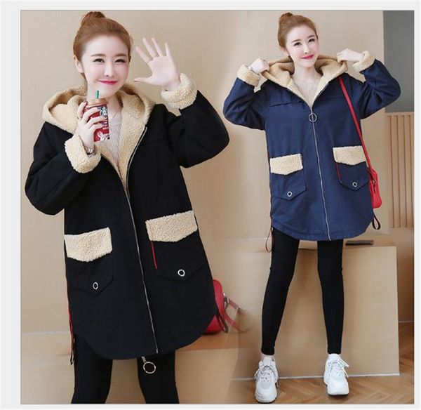 

blends female coat with korean-style woolen jacket thicken fleece longer size outerwear, Black