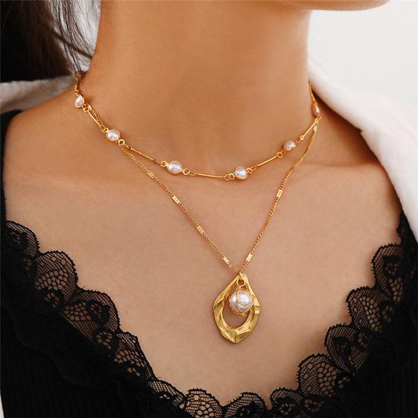 

pendant necklaces stainless steel pearl drop for women 2-layer clavicle chain charms choker fashion collar jewelry accessories, Silver