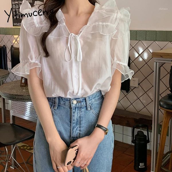 

women's blouses & shirts yitimuceng blouse women with belt button up shirt fashion puff sleeve edible tree milky white black 202