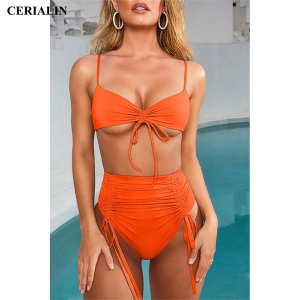 

4 colors draw cord solid bikini set waist biquini swimwear women swimming suit backless swimsuit beach wear 210730, White;black