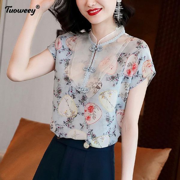 

women's blouses & shirts blusas mujer de moda 2021 spring short sleeve white chiffon blouse women floral stand hollow out