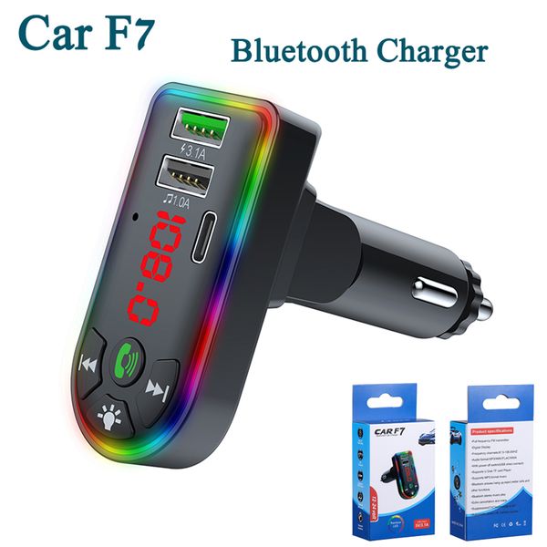

car f7 charger bluetooth fm transmitter dual usb quick charging type c pd ports adjustable colorful atmosphere lights handsaudio receiver mp