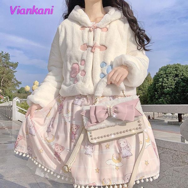 

women's fur & faux japanese sweet autumn winter lolita coats girly ears warm soft plush parkas anime cute cat kawaii hooded jackets o, Black