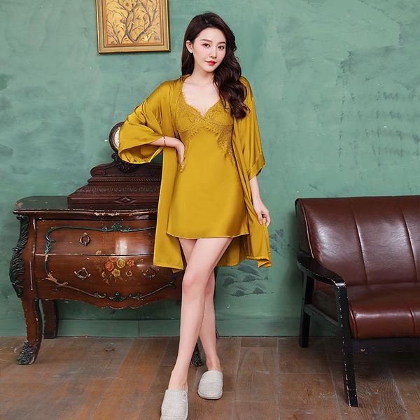 

women's sleepwear spring lace trim women robe set with belt chest pad bathrobe satin patchwork soft touch pyjamas homewear, Black;red