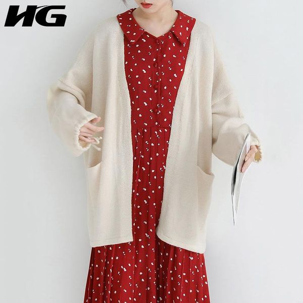 

women's sweaters [hg] 2021 spring korea fashion women sweater casual v-neck full sleeve cardigans pocket solid color knitted coat wbb20, White;black