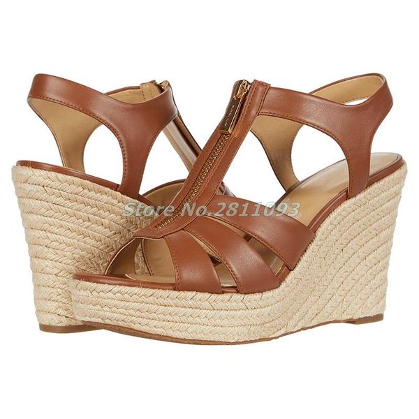 

sandals wedges platform weave brown leather zipper t strap shoes open toe cut out rome women rope stick heel, Black
