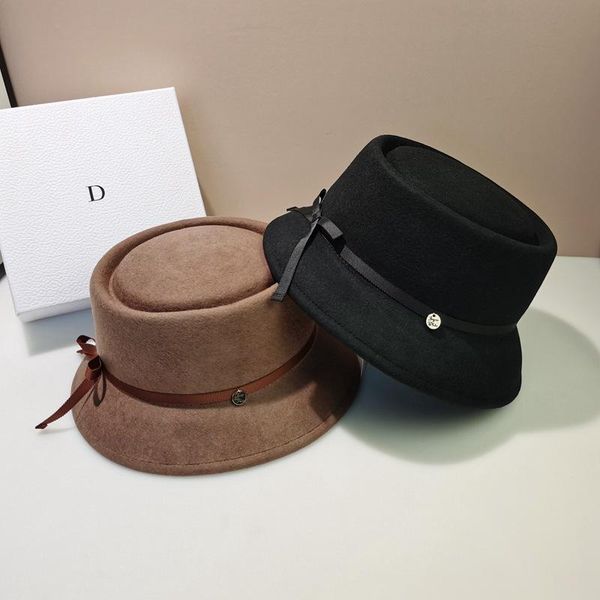 

stingy brim hats 2021 wool felt fedora for women winter cloche hat british retro fedoras bowler cap bowknot ribbon hepburn caps, Blue;gray