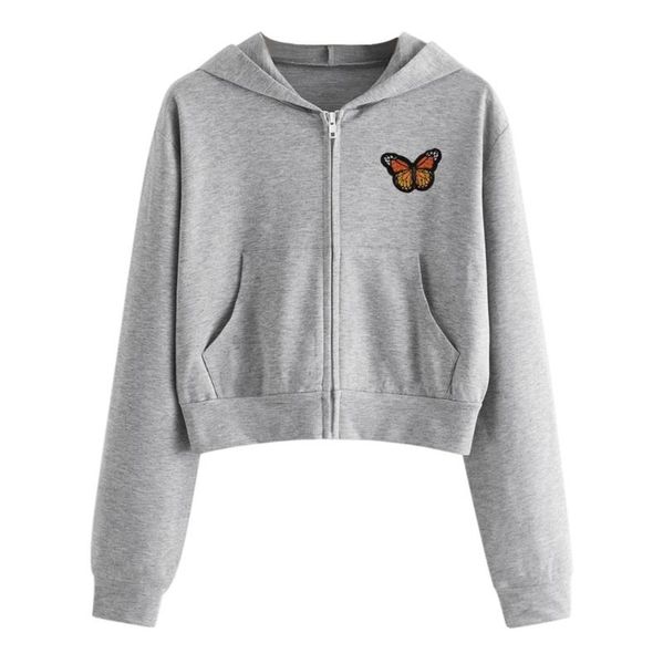 

women's hoodies & sweatshirts feitong harajuku women embroidery butterfly long sleeve zipper pocket shirt hooded sweatshirt streetwear, Black