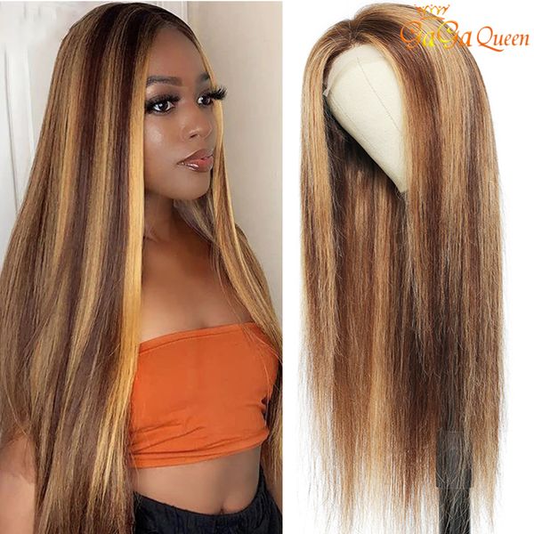 

4x4 straight hair wig highlight lace closure human hair wigs ombre straight hair lace frontal wig pre plucked, Black;brown