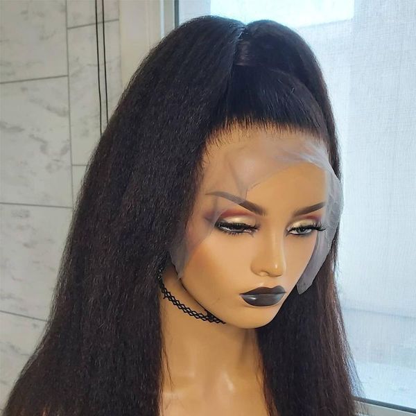 

kinky straight lace front human hair wigs remy brazilian frontal wig yaki transparent closure1, Black;brown