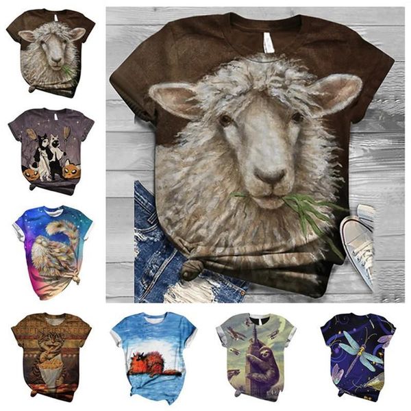 

7 types cartoon summer casual women t shirts short sleeve 3d animal printed o neck harajuku polyester streetwear s, White