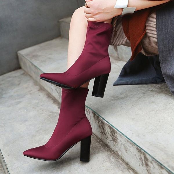 

boots red ankle high heeled women shoes black fetish heels pointed toe elastic thick heel woman female socks