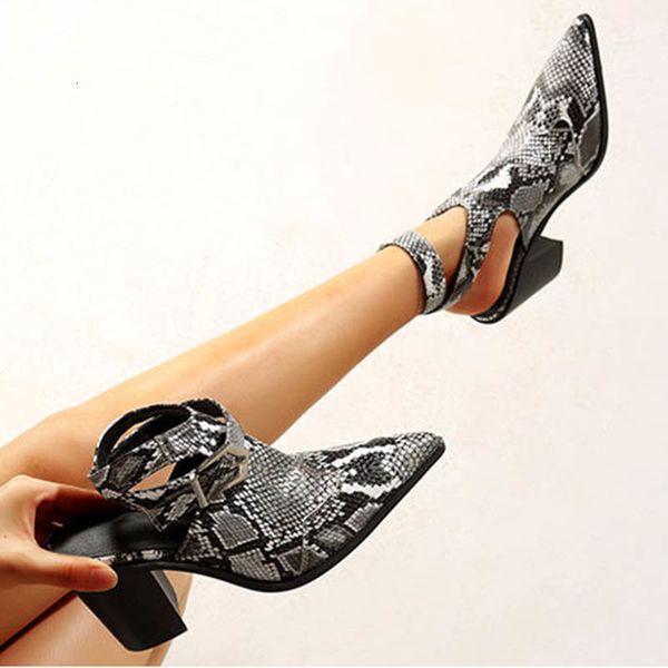 

dress shoes european snake pattern woman pumps serpentine sandals pointed toe slingback footwear chunky high heels women size 42 amri, Black