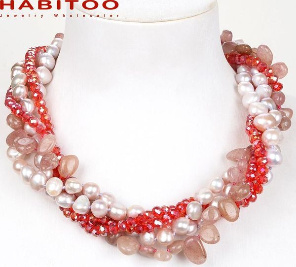 

chokers charming 20inch 5 strands natural white freshwater pearl crystal muscovite choker necklace for women 14k filled gold clasp, Golden;silver