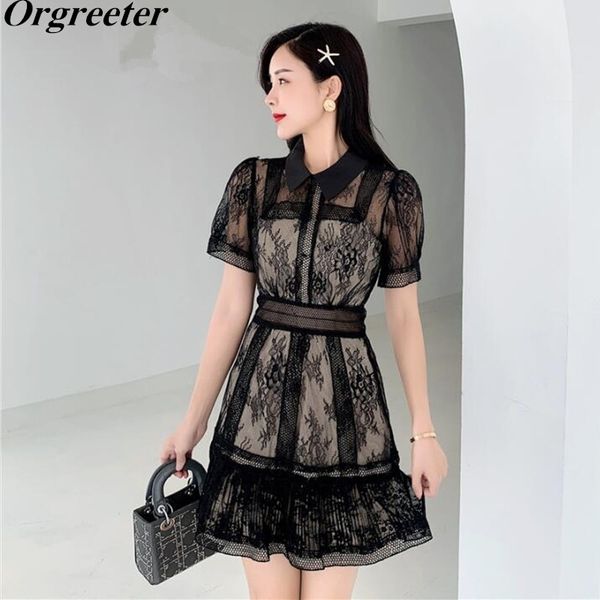 

summer perspective short lace dress women lapel sleeve patchwork slim pleated hem party dresses 210525, Black;gray