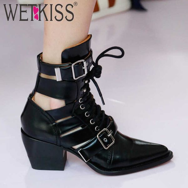 

wetkiss high heels women western boots pointed toe footwear genuine leather boots fashion ladies rome shoes spring woman 210630, Black