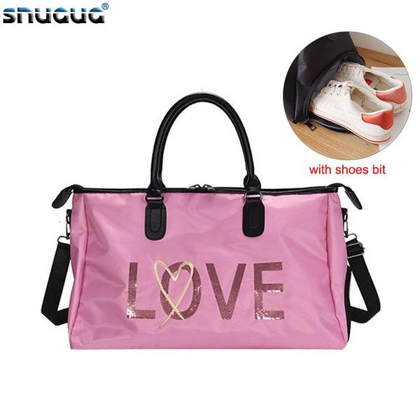 

outdoor bags waterproof nylon sport bag gym luggage lady travel shoes women sequins pink love large fitness for man