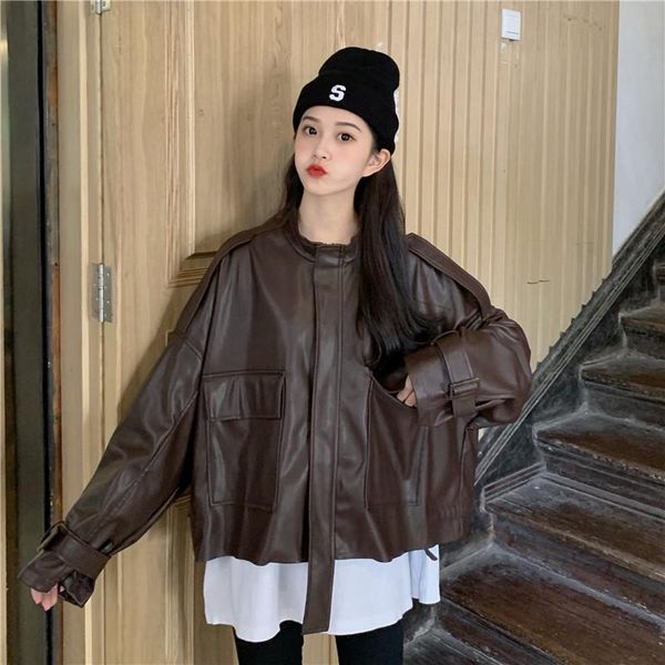 

women's leather & faux autumn coat jacket spring woman, Black