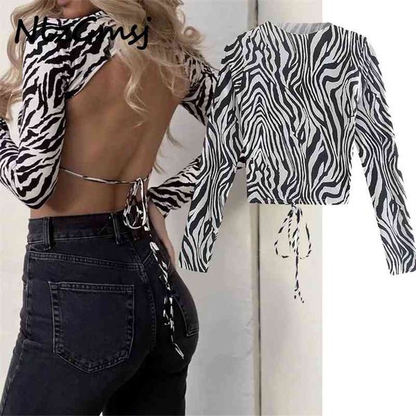 

t shirt women zebra stripes backless crop ops vintage streetwear short female chic 04 210628, White