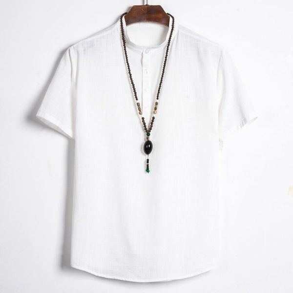 

men's casual shirts white mens shirt 2021 linen short sleeve men loose breathable camisas stand collar plus size solid chemise homme, White;black