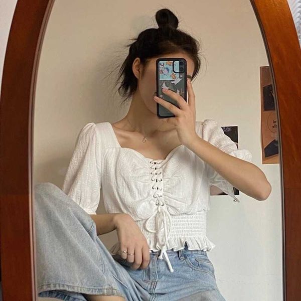 

white blouses for women korean design chic v-neck crop woman bandage design silm waist shirts female summer 210525