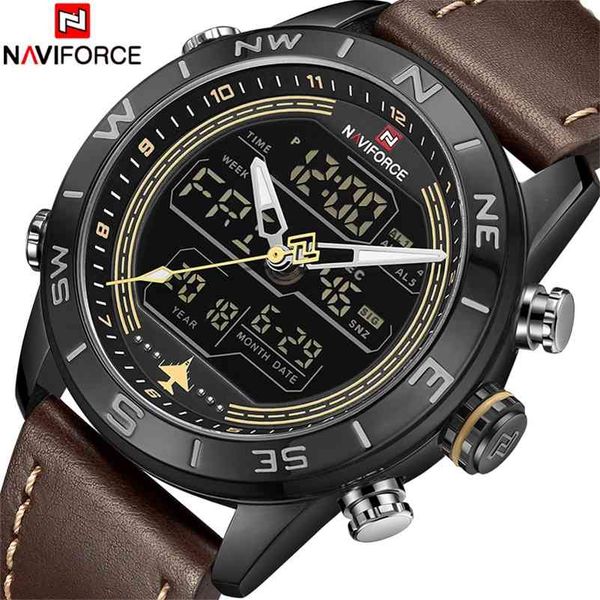 

naviforce luxury brand men sports quartz watch men's genuine leather waterproof wrist watches male fashion date week led clock 210517, Slivery;brown