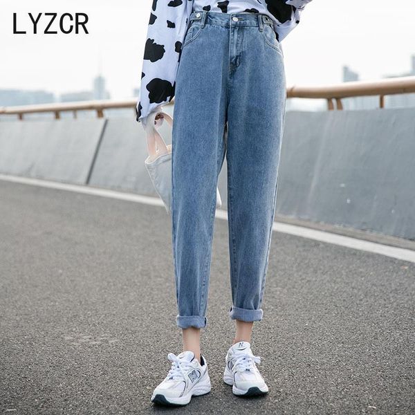 

lyzcr harem women's female autumn boyfirends jeans for woman vintage loose button women denim pencil pants, Blue