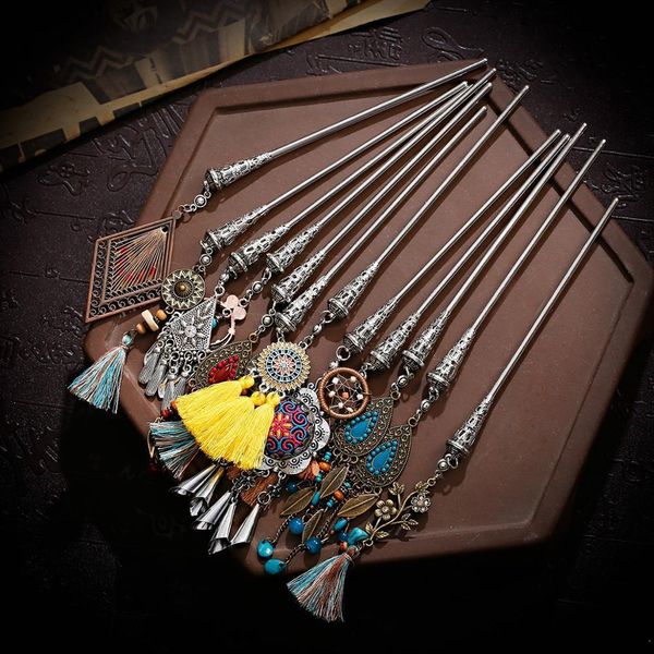 

anqi 12pcs/lot random mix hairpin chinese hairpins for women girls boho vintage accessories woman jewelry headdress sticks, Golden;silver