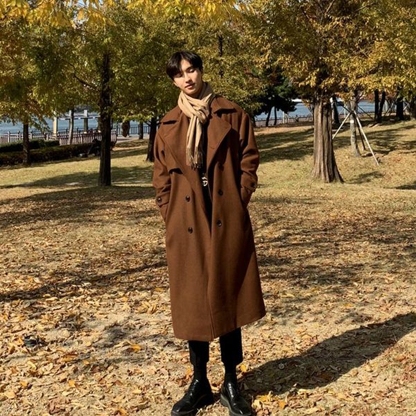 

men's wool & blends winter belt long woolen coat men warm fashion casual oversized loose double breasted overcoat, Black