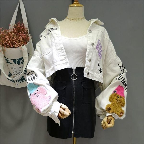 

women's jackets white jean jacket women cartoon bear sequins short coat loose fashion female letter print street casual denim autumn 20, Black;brown