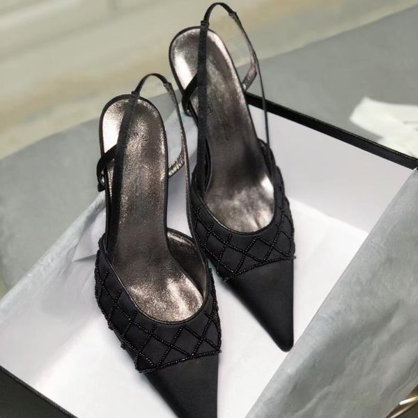 

high-quality fashion women's shoes 2021 spring and summer classic lace-up leather beaded pointed high heels dress, Black