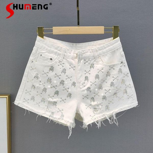 

women's jeans white diamond ripped rough edges thin denim shorts for ladies 2021 summer high waist slim fit wide leg pants female, Blue
