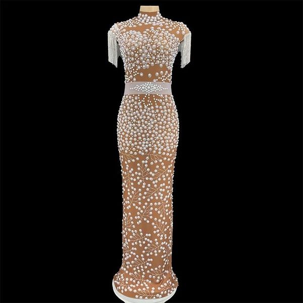 

party decoration mesh rhinestones white pearls long dress birthday celebrate stretch costume female singer show stereoscopic shoulder