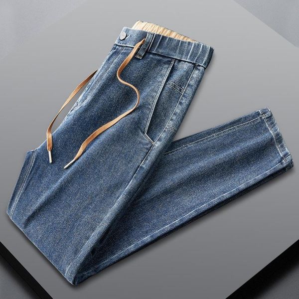 

men's jeans 2037 autumn winter men denim ankle-length pants streetwear simple all-match cotton mid waist stretch drawstring male blue