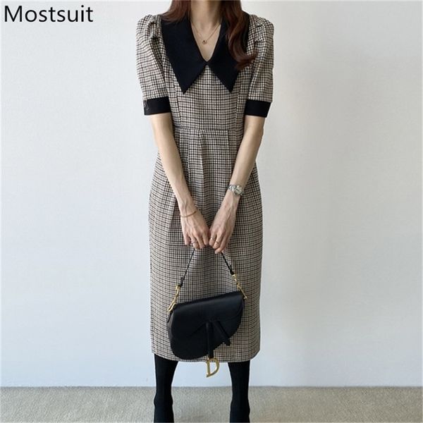 Houndstooth Vintage Kore Kadınlar Kalem Elbise İlkbahar Yaz Kısa Kollu Turn-down Yaka Moda Slim Fit Uzun Vestidos 210513