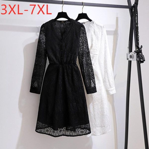 

plus size dresses 2021 ladies spring autumn for women large long sleeve black white lace v-neck dress 3xl 4xl 5xl 6xl 7xl