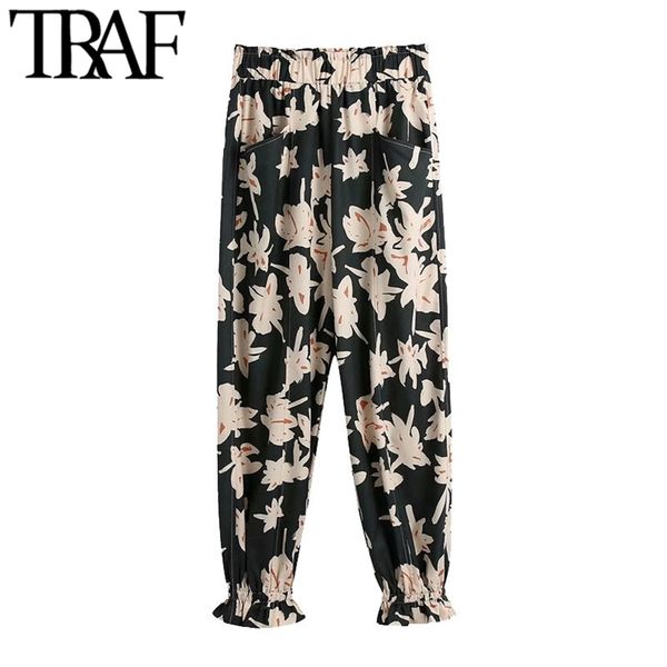 

women fashion side pockets floral print pants vintage high elastic waist ruffled hem female ankle trousers mujer 210507, Black;white