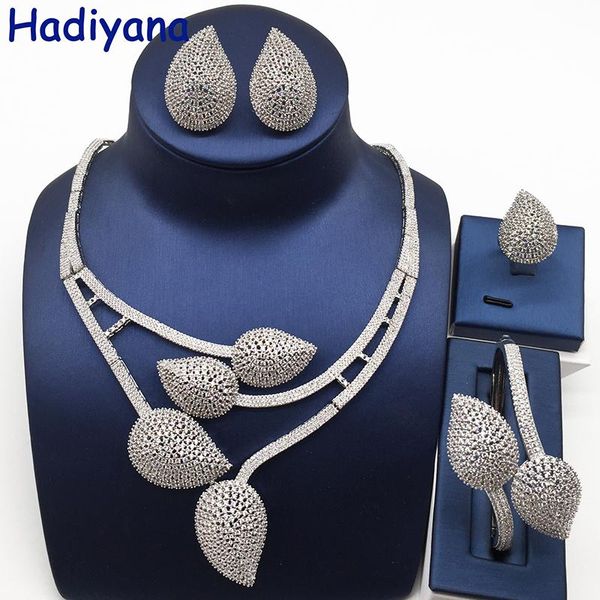

earrings & necklace nankiya leaves design bridal jewelery set clear white cubic zirconia fashion nigerian jewelry accessory sets for women n, Silver