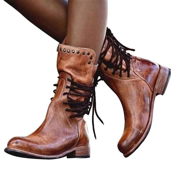 

retro woman shoes pu leather winter boots women fashion vintage rivets round toe lace-up mid-calf zipper 43, Black