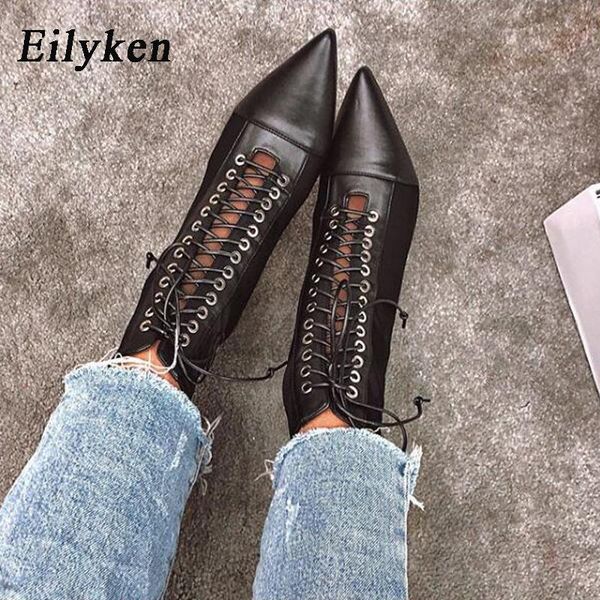 

women ankle boots for pointed toe female shoes fashion low heel 8cm cross-tied size 34-40, Black