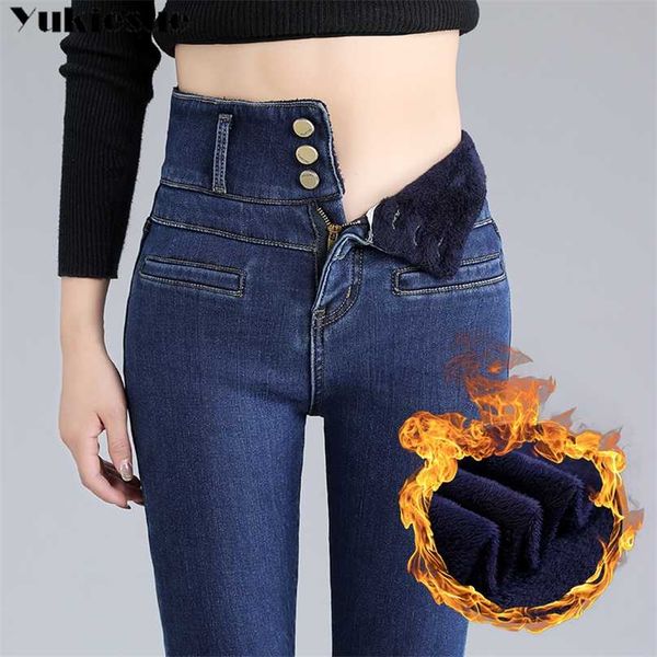 

women winter fleece jeans solid warm thicken denim pencil pants fashion skinny jean pants slim trousers plus size 211112, Blue