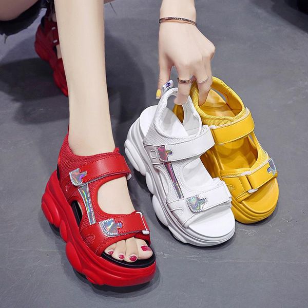 

dress shoes summer women chunky sandals buckle design candy colors platform wedges comfortable girl thick sole beach casual, Black